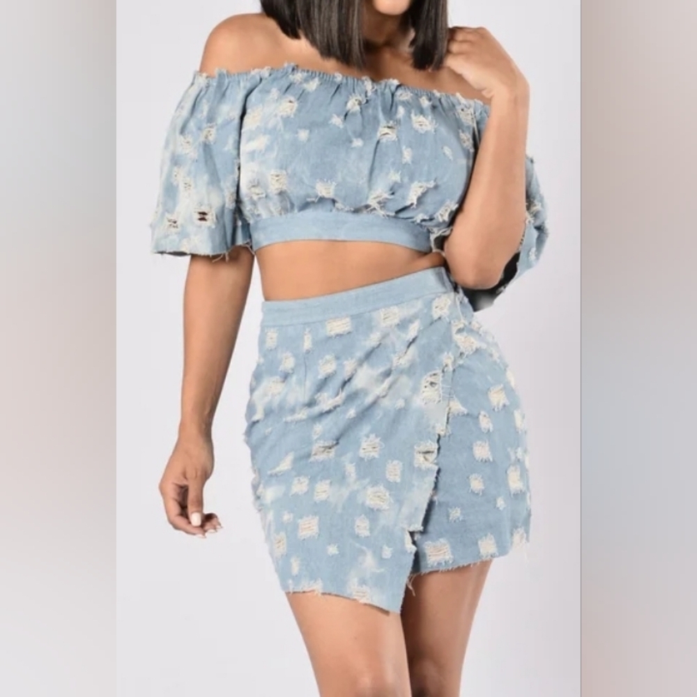 💕Fashion Nova Blue Wrap Mini Skirt & Top Ruched Distressed Set Casual Size L